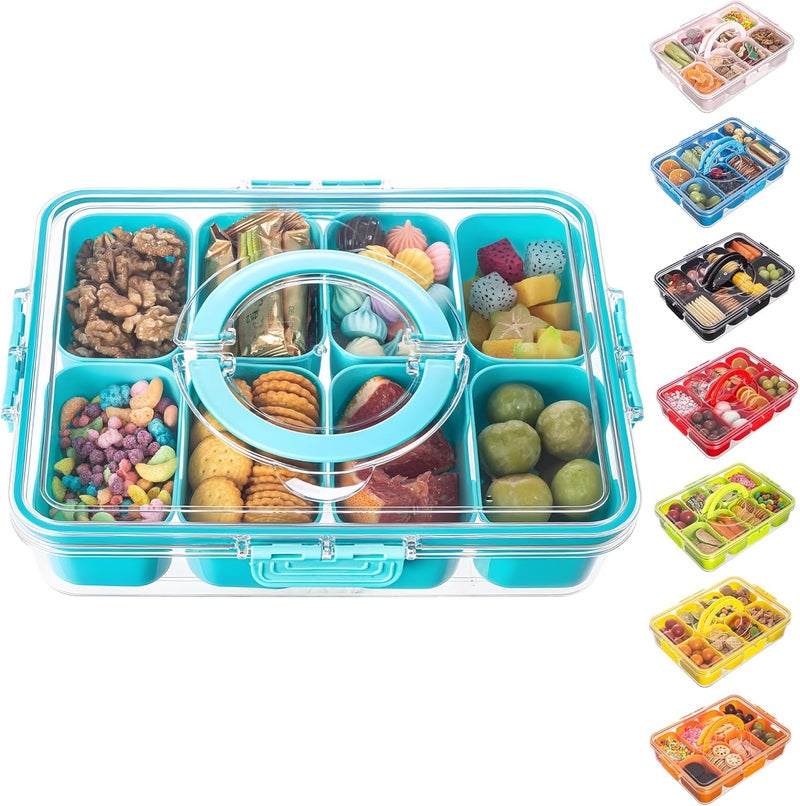 Dingerjar Divided Serving Tray with Lid and Handle - Snackle Box Charcuterie Container for Portable Snack Platters Organizer for Candy, Fruits, Nuts, Snacks - Perfect for Party, Entertaining, Lake blue - Image 1